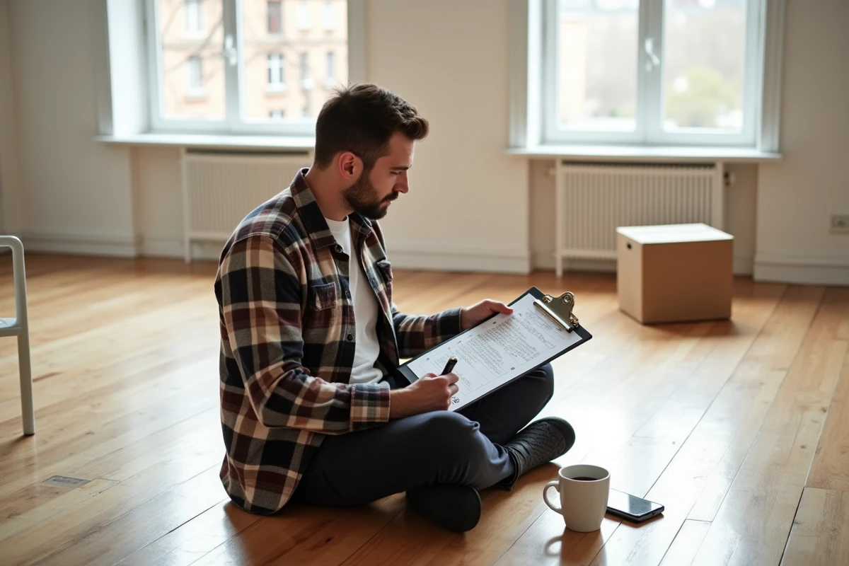 Homme consultant une checklist de déménagement dans un appartement vide avant le départ