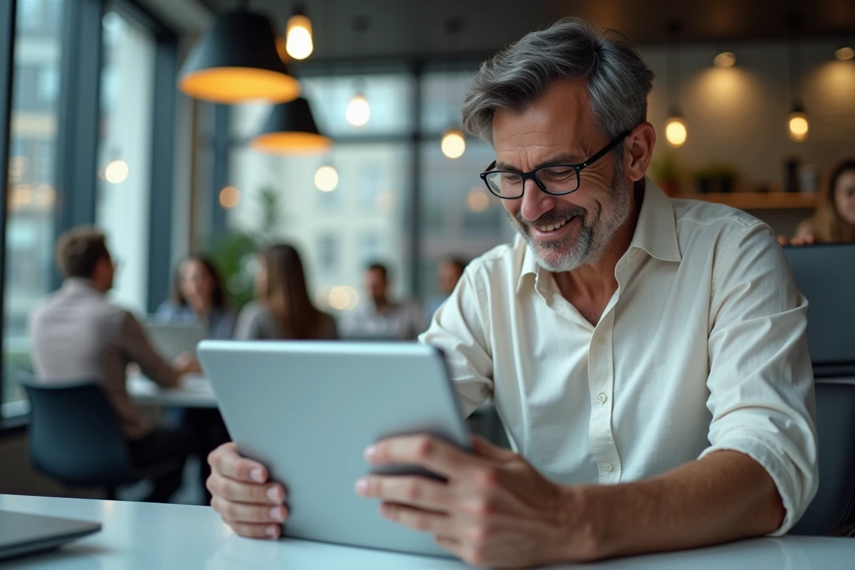 Homme d age moyen utilisant une tablette dans un coworking