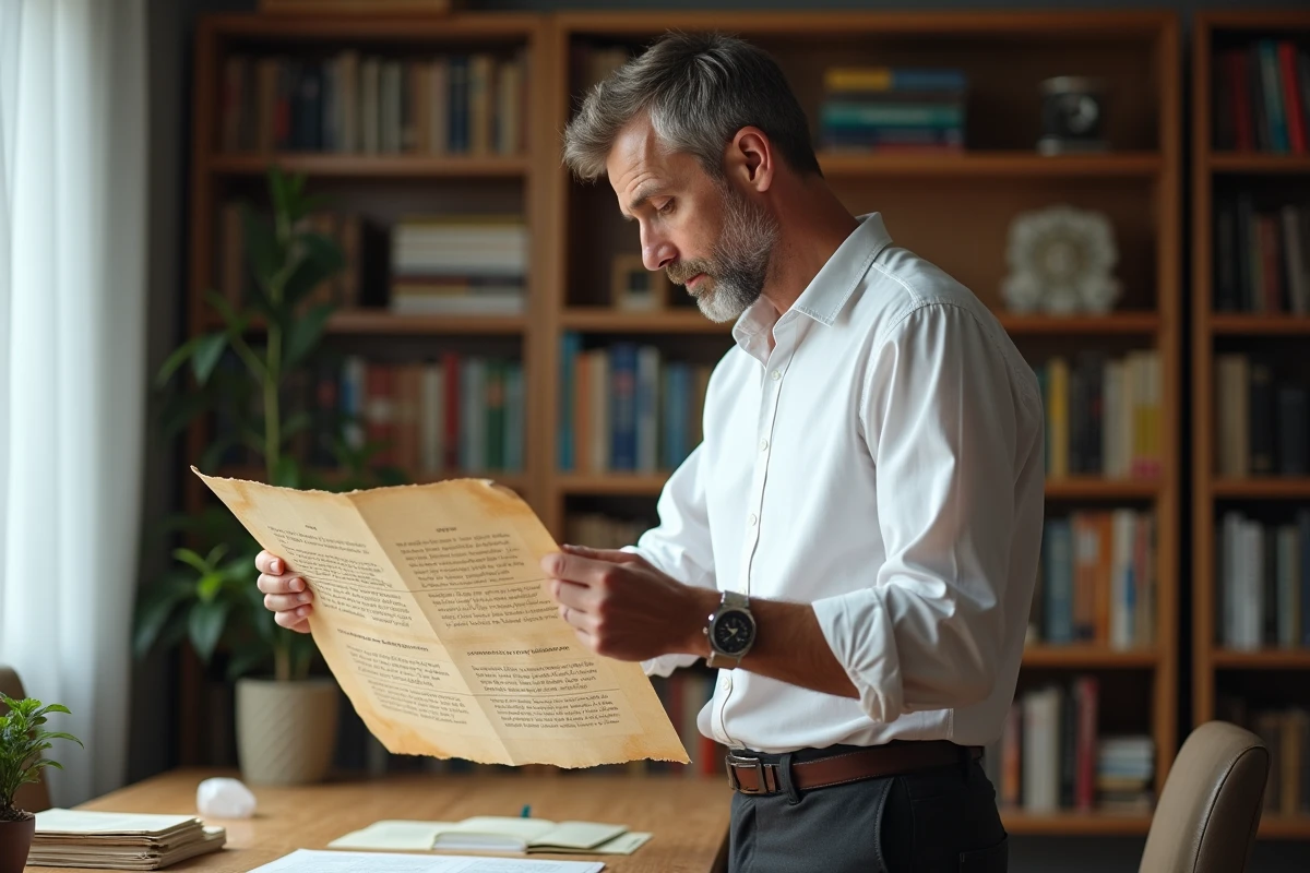 Homme étudiant un tableau de l'échelle de Bovis dans un bureau personnel entouré de livres sur la biénergie et la spiritualité