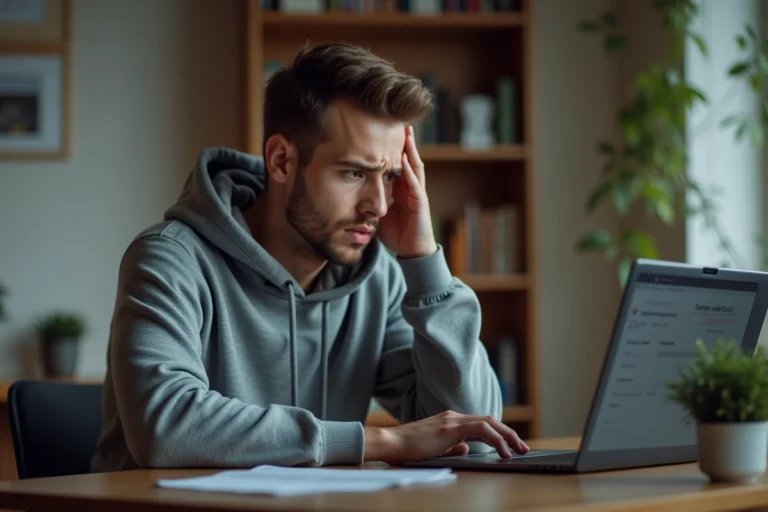 Homme frustré devant un ordinateur portable affichant une erreur de l'application Epsilon Scan