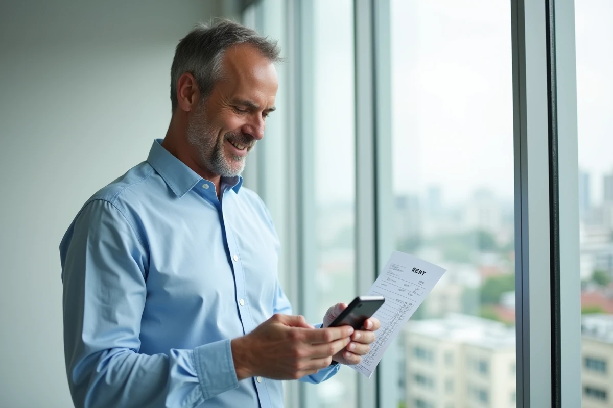 Homme en chemise bleue lisant un reçu dans un bureau lumineux