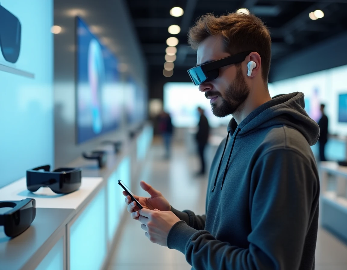 Homme essayant des lunettes de réalité augmentée dans un magasin de high-tech moderne