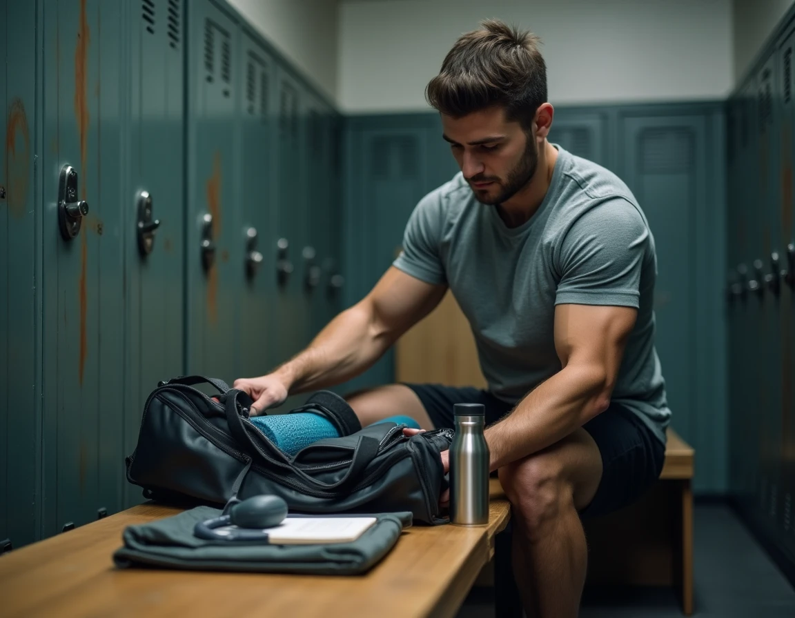 Homme préparant son sac de sport avec les équipements essentiels pour débuter le coaching sportif