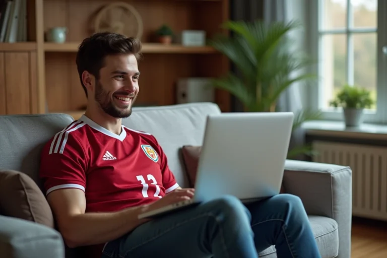 Jeune homme regardant un match de football sur son ordinateur