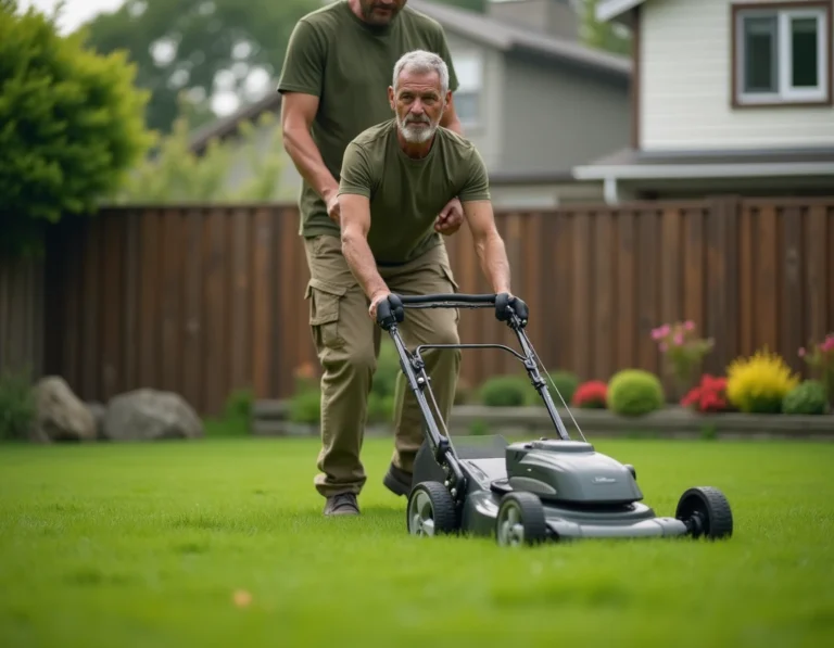 Homme d'âge moyen utilisant une tondeuse électrique pour entretenir une pelouse verte et soignée dans un jardin suburban