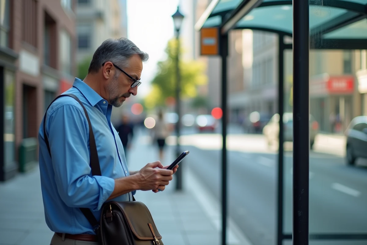Homme vérifiant son smartphone à un arrêt de bus urbain