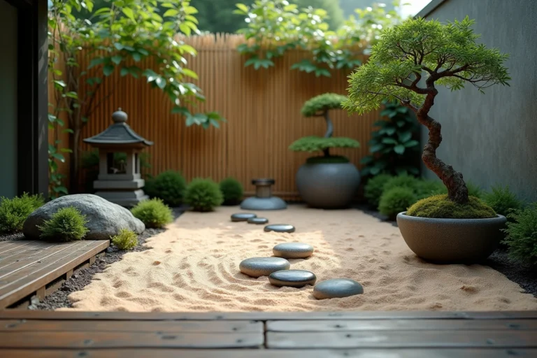 Coin de jardin zen urbain avec sable ratissé, pierres lisses et lanterne en pierre recouverte de mousse