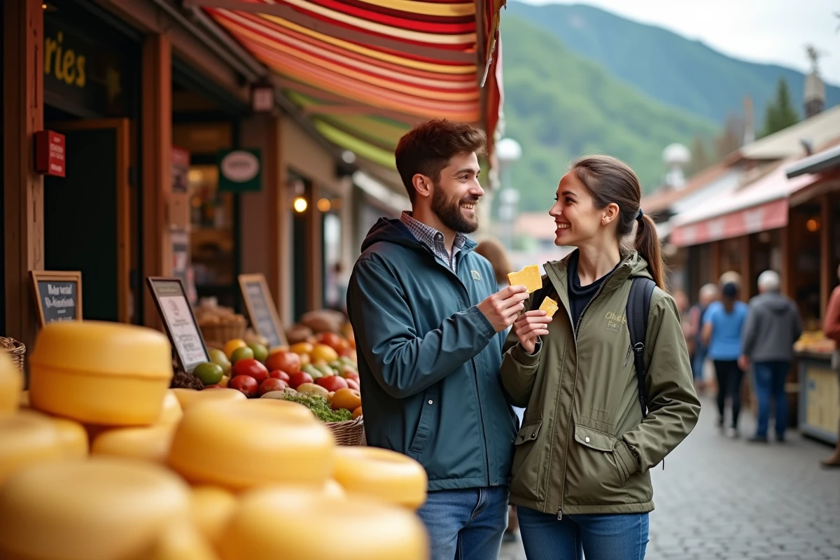 Jeune couple dégustant du fromage Idiazabal au marché de Dancharia