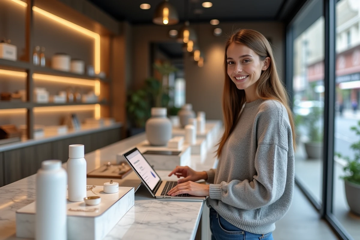 Jeune femme organise produits de soin dans une boutique élégante