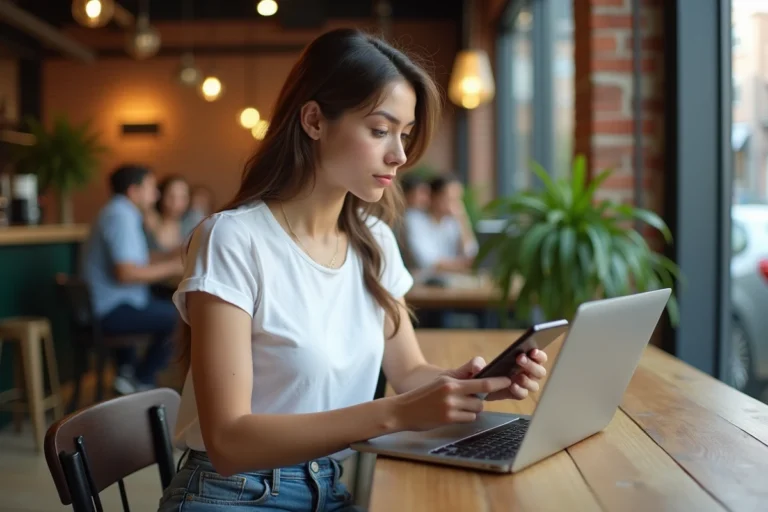 Jeune femme concentrée sur son ordinateur dans un café cosy