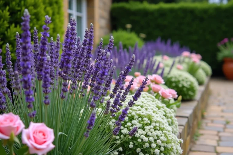 Massif fleuri mêlant lavande violette, roses roses et marguerites blanches dans un jardin cottage anglais