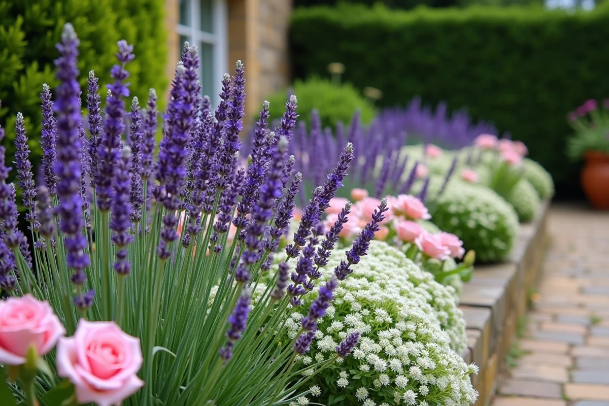 Massif fleuri mêlant lavande violette, roses roses et marguerites blanches dans un jardin cottage anglais