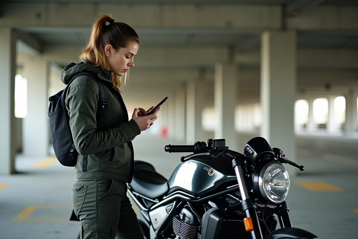 Motarde consultant un forum moto sur smartphone à côté de sa moto dans un parking urbain