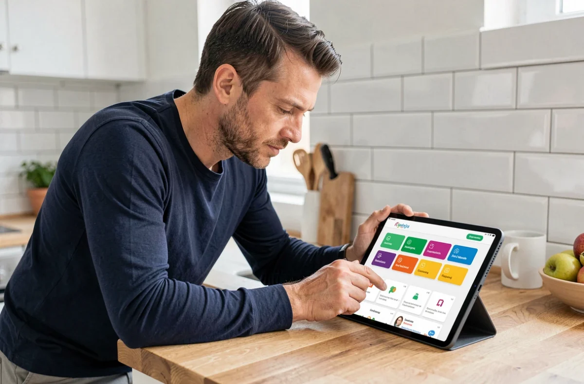Homme consultant les ressources d'un site éducatif sur une tablette dans une cuisine moderne
