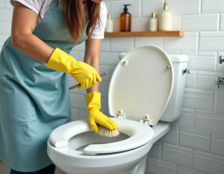 Femme nettoyant un rehausseur WC en mousse blanche avec une brosse douce et des gants en caoutchouc jaunes dans une salle de bain moderne