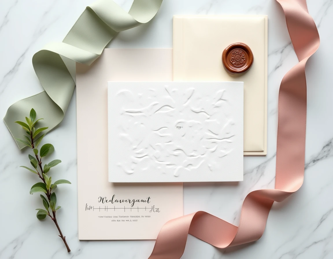 Papeterie de mariage soigneusement organisée avec invitations, rubans et cachet de cire sur marbre blanc