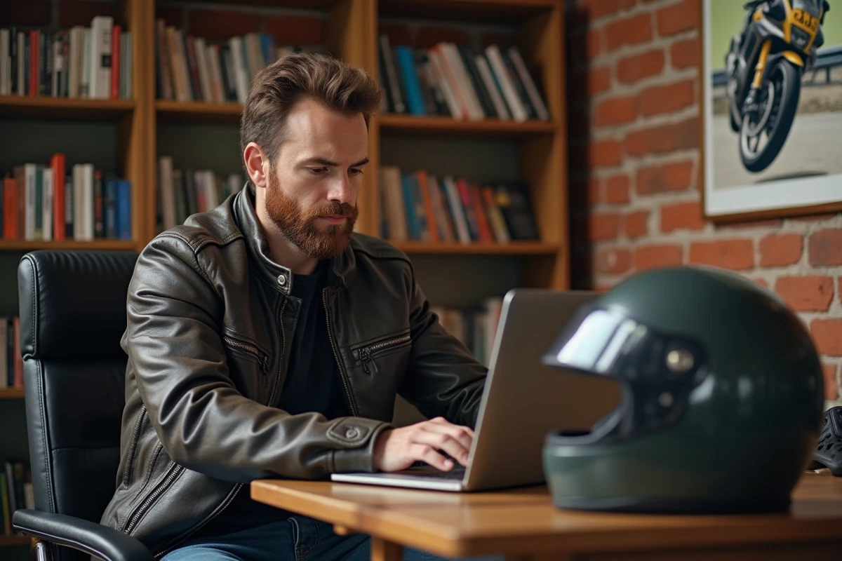 Passionné de moto consultant des ressources en ligne sur un ordinateur portable dans un bureau décoré d'accessoires moto