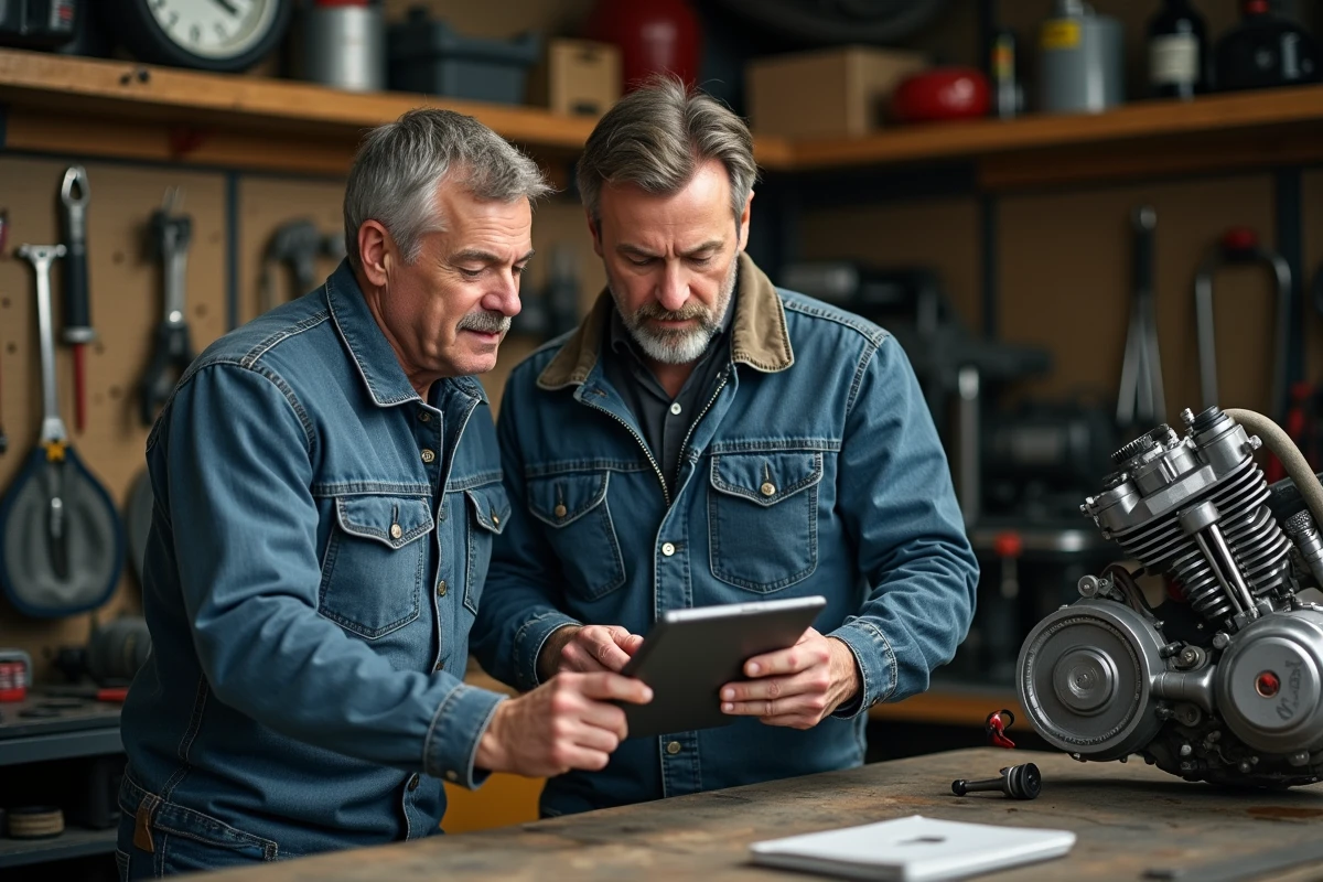 Deux passionnés de moto consultant un tutoriel en ligne sur une tablette dans un atelier mécanique