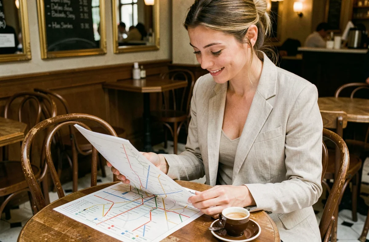 Femme consultant un plan du métro de Paris imprimé dans un café parisien