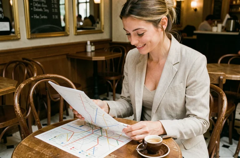 Femme consultant un plan du métro de Paris imprimé dans un café parisien