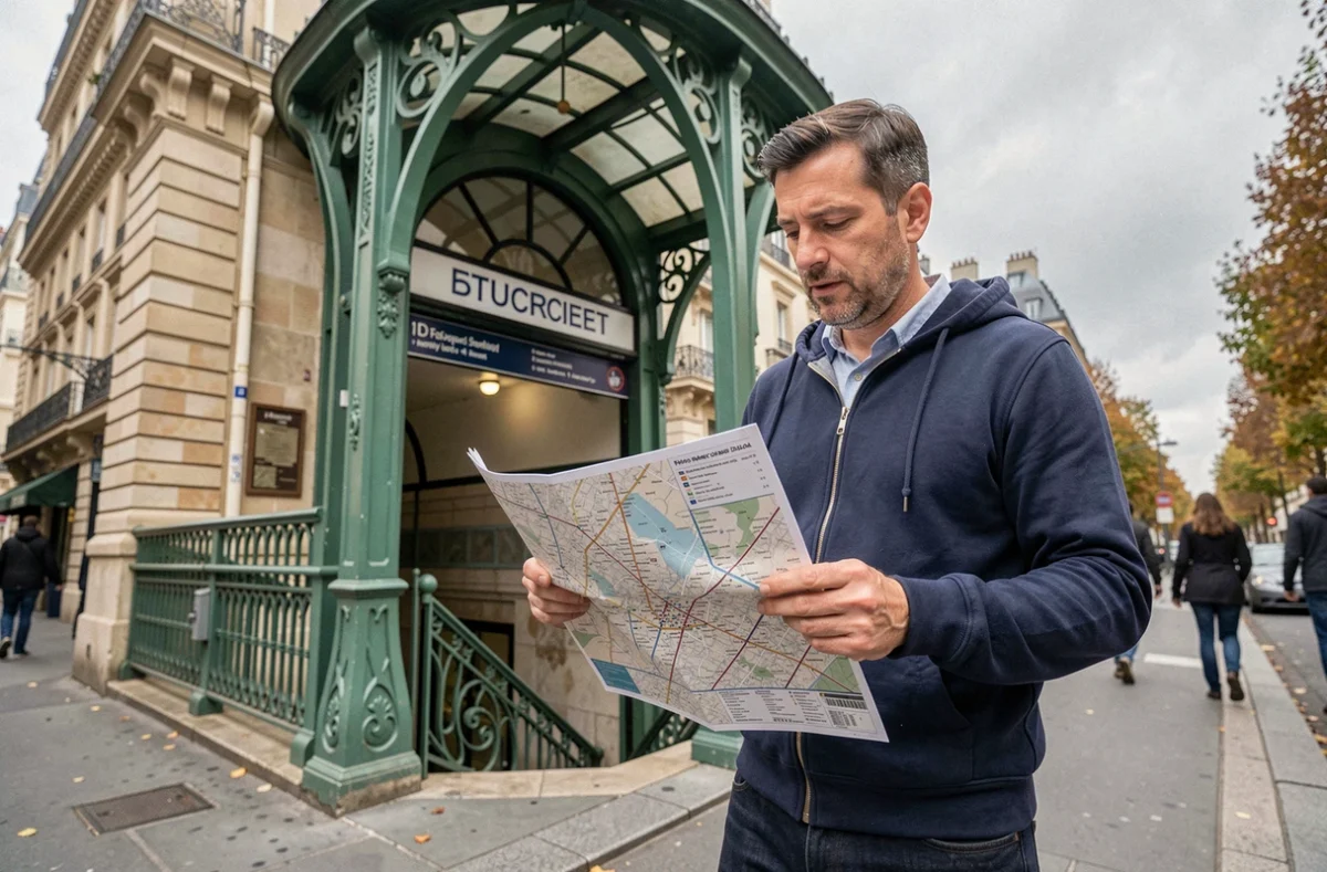 Homme tenant un plan imprimé du métro parisien devant une station de métro