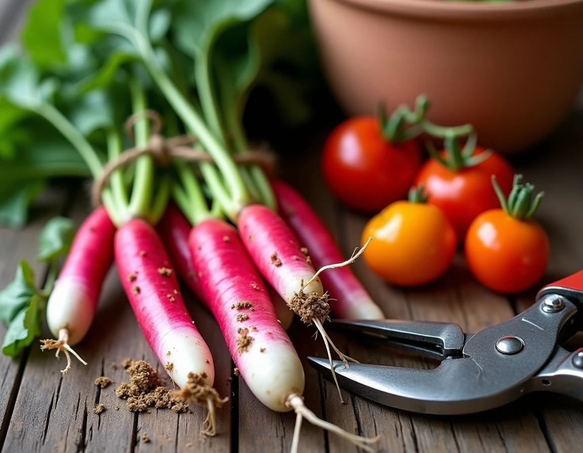 Récolte de légumes frais du potager sur une table en bois avec radis, herbes aromatiques et tomates cerises