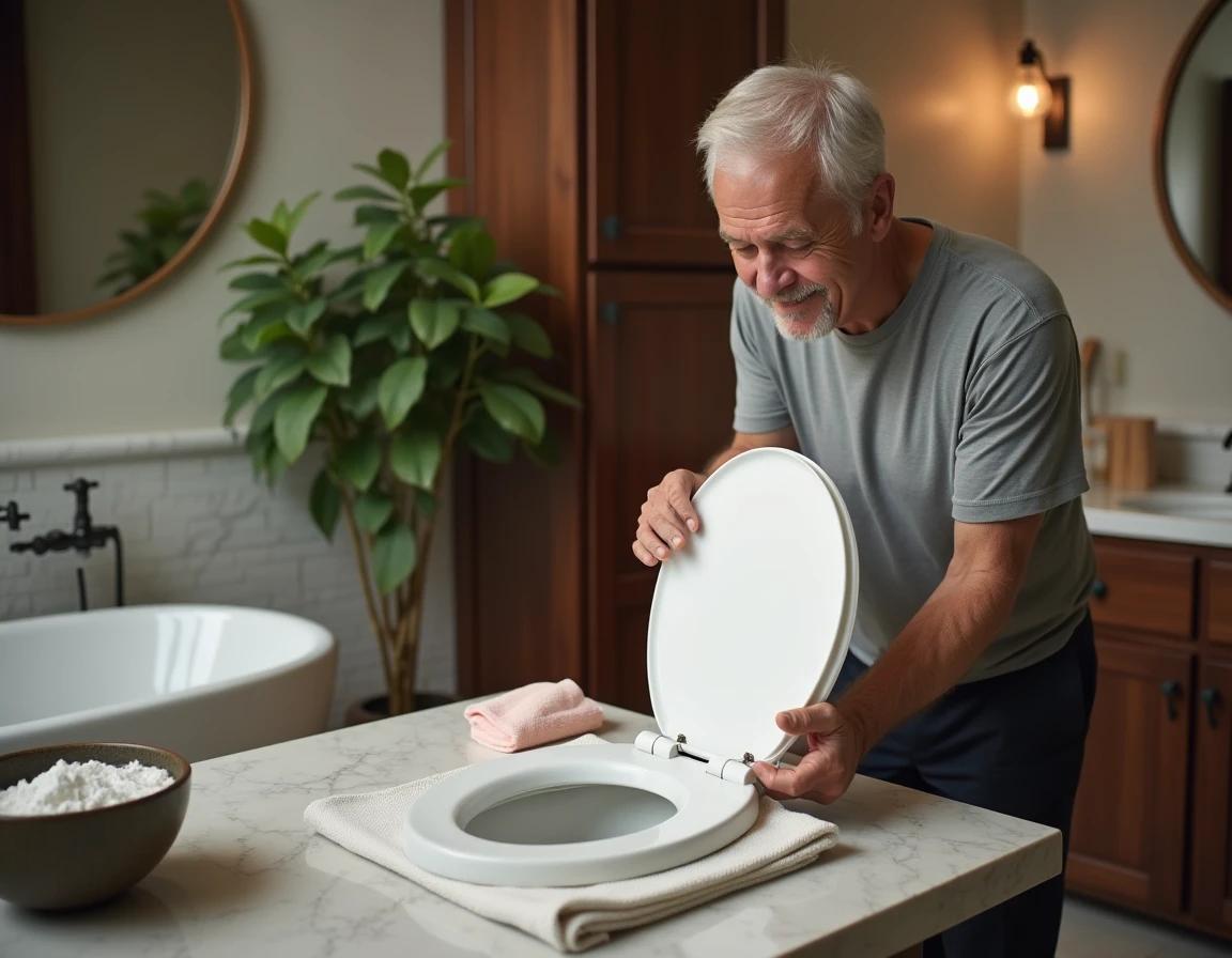 Homme inspectant un rehausseur WC en mousse propre et séché posé sur une serviette avec du bicarbonate de soude et une éponge sur le comptoir