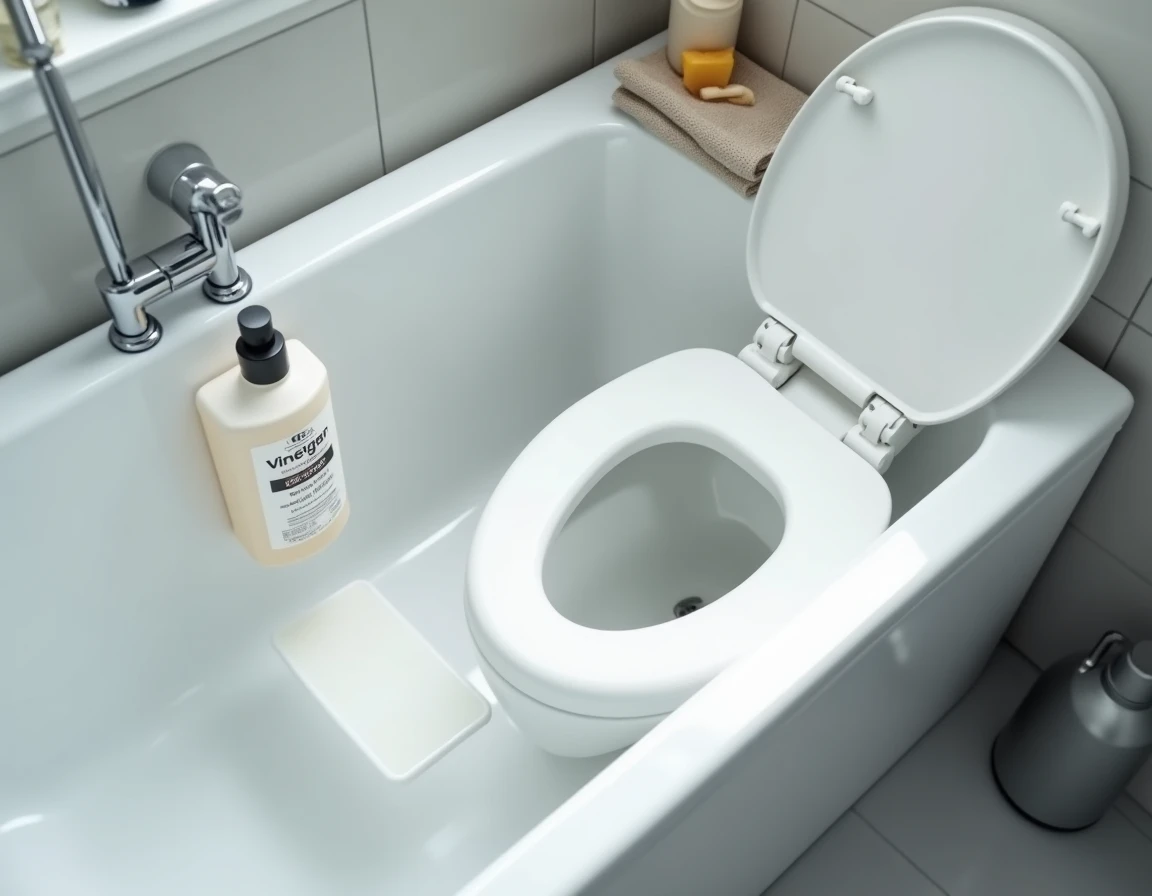 Rehausseur WC en mousse posé sur le bord d'une baignoire avec un spray au vinaigre blanc et un chiffon microfibre pour le nettoyage