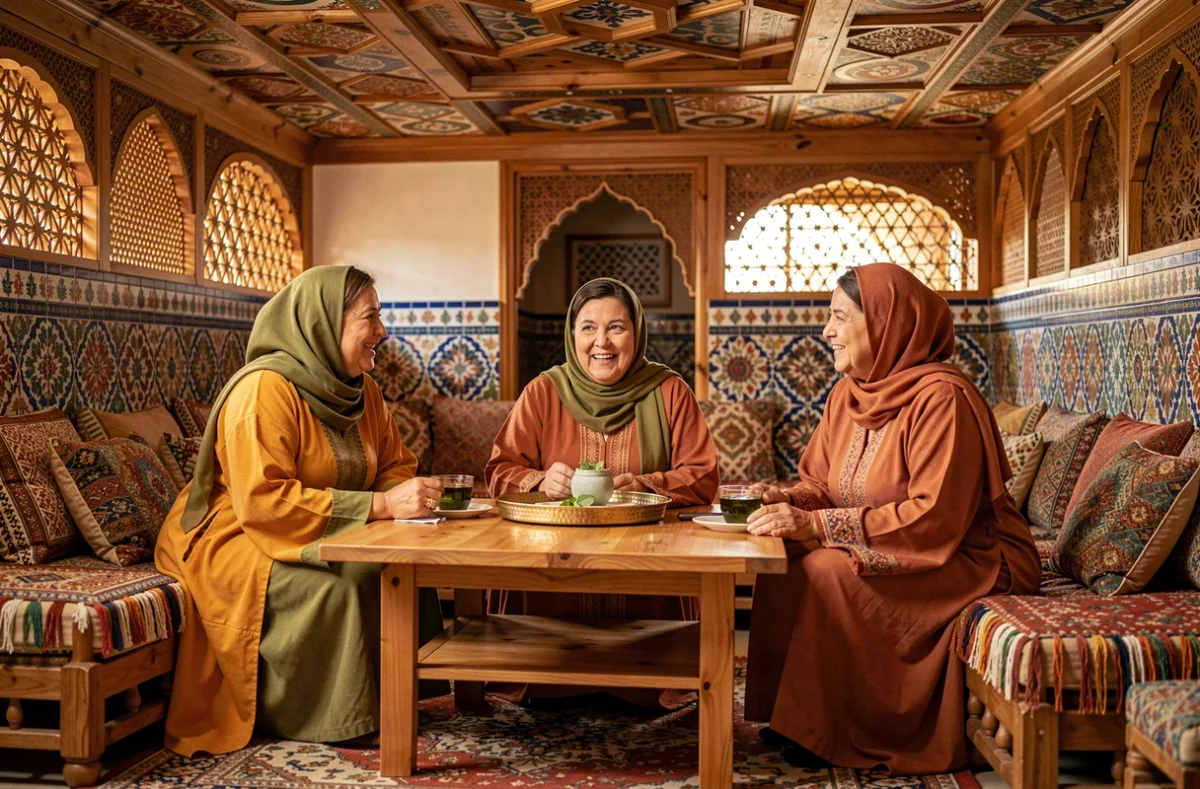 Femmes réunies autour d'un thé à la menthe dans le salon traditionnel de la Maison des Sultans