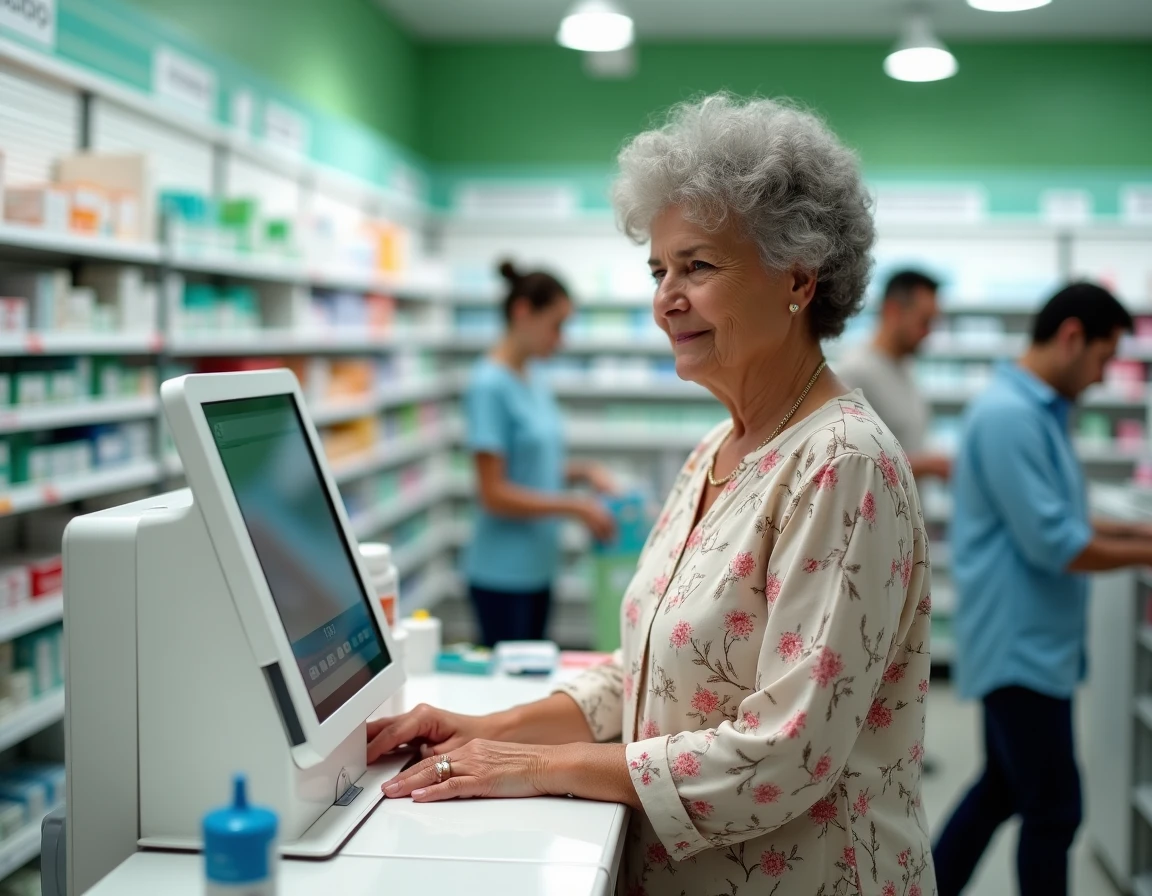 Femme âgée autonome utilisant un distributeur automatique de médicaments dans une pharmacie, illustrant les services innovants pour seniors