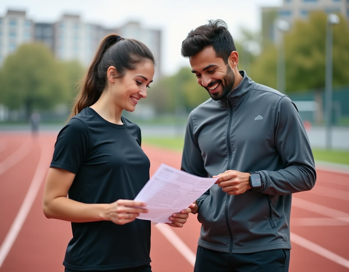 Deux sportifs consultant un plan d'entraînement et une montre connectée sur une piste de course avant de commencer le coaching