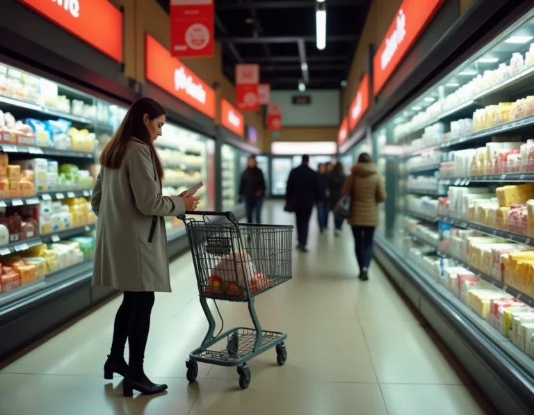 Intérieur d'un supermarché Carrefour Market avec une cliente examinant des produits en rayon