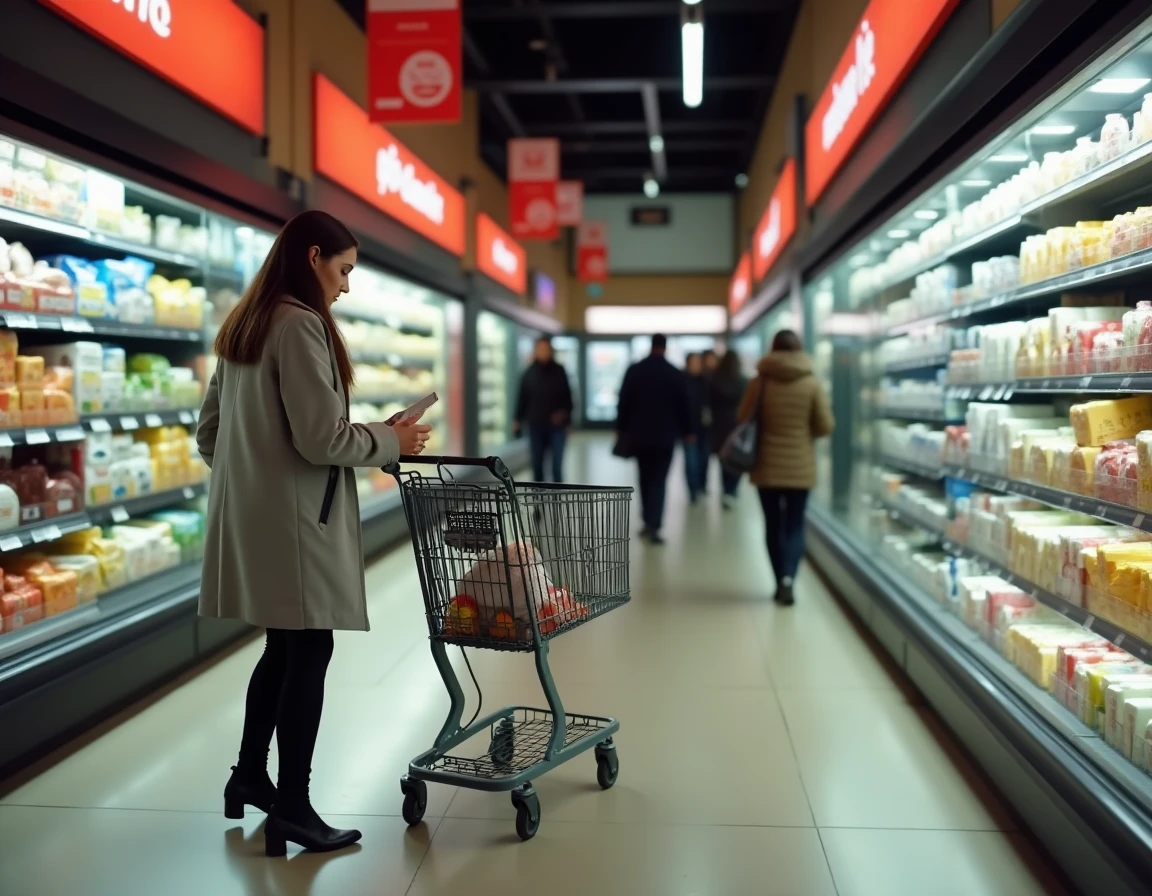 Intérieur d'un supermarché Carrefour Market avec une cliente examinant des produits en rayon