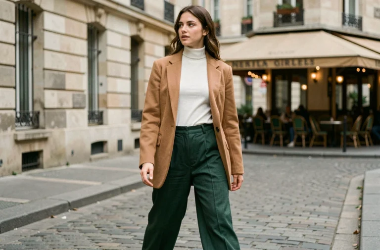 Femme élégante portant un blazer camel oversize et un pantalon vert large dans une rue pavée parisienne, look mode tendance automne