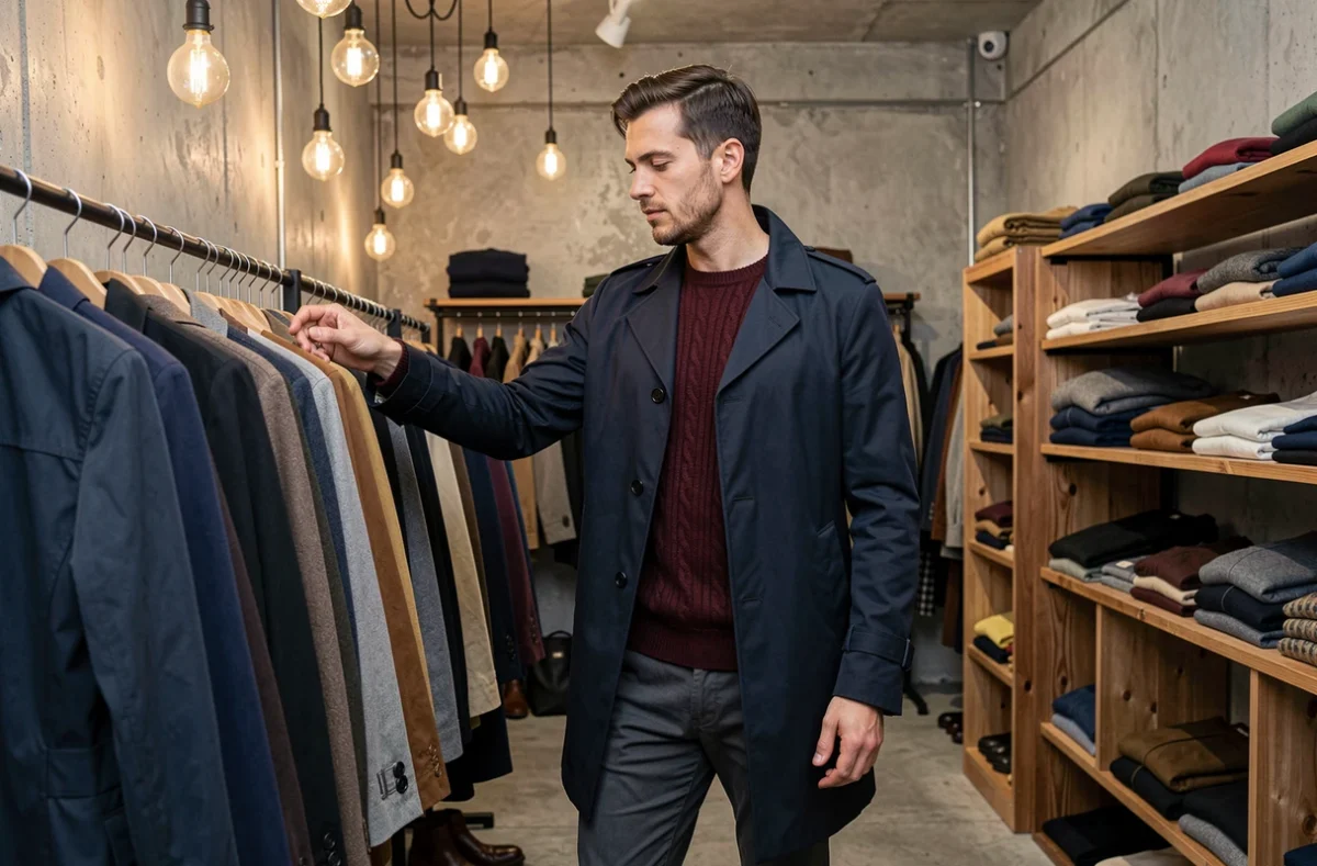 Homme tendance en trench coat marine et pull bordeaux feuilletant des vêtements dans un concept store moderne, tendances mode masculine saison