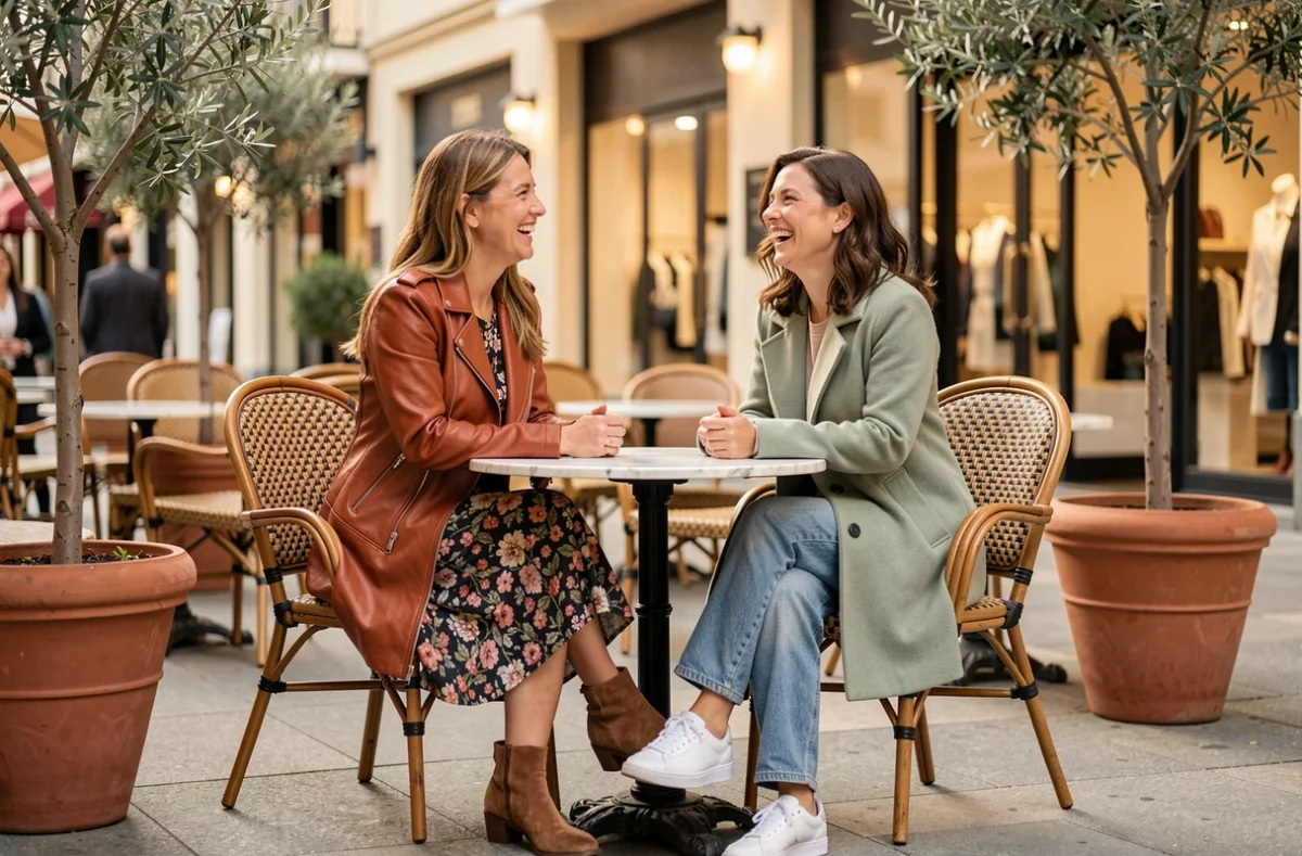 Deux femmes élégantes aux tenues colorées tendance assises en terrasse, veste en cuir rouille et manteau vert sauge, looks mode saison
