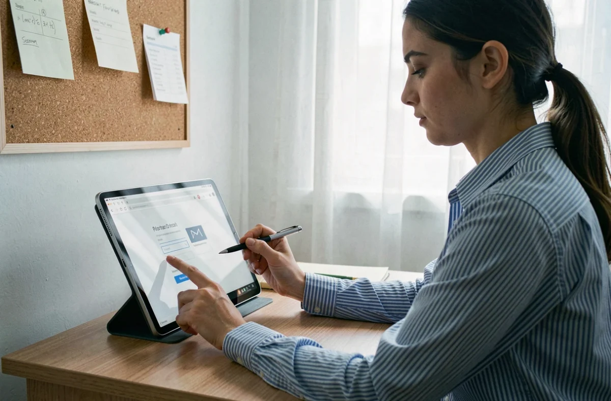 Assistante administrative se connectant au webmail de l'académie de Dijon depuis son bureau à domicile sur une tablette